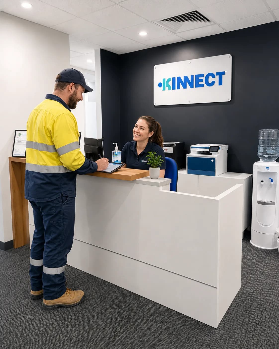 High-vis worker completing pre-assessment paperwork on a tablet at a KINNECT clinic reception
