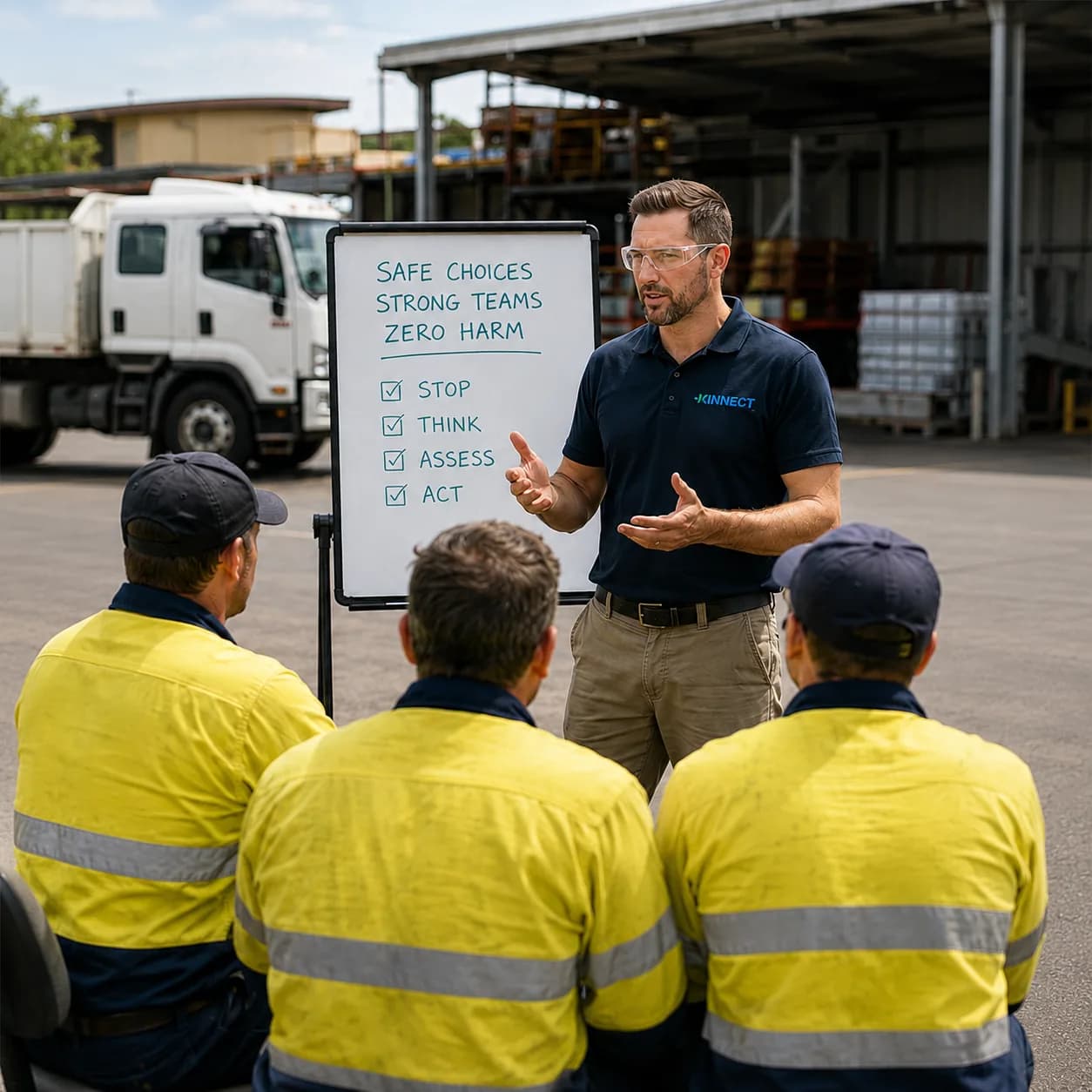 KINNECT consultant leading practical safety training for a group of high-vis workers at their workplace