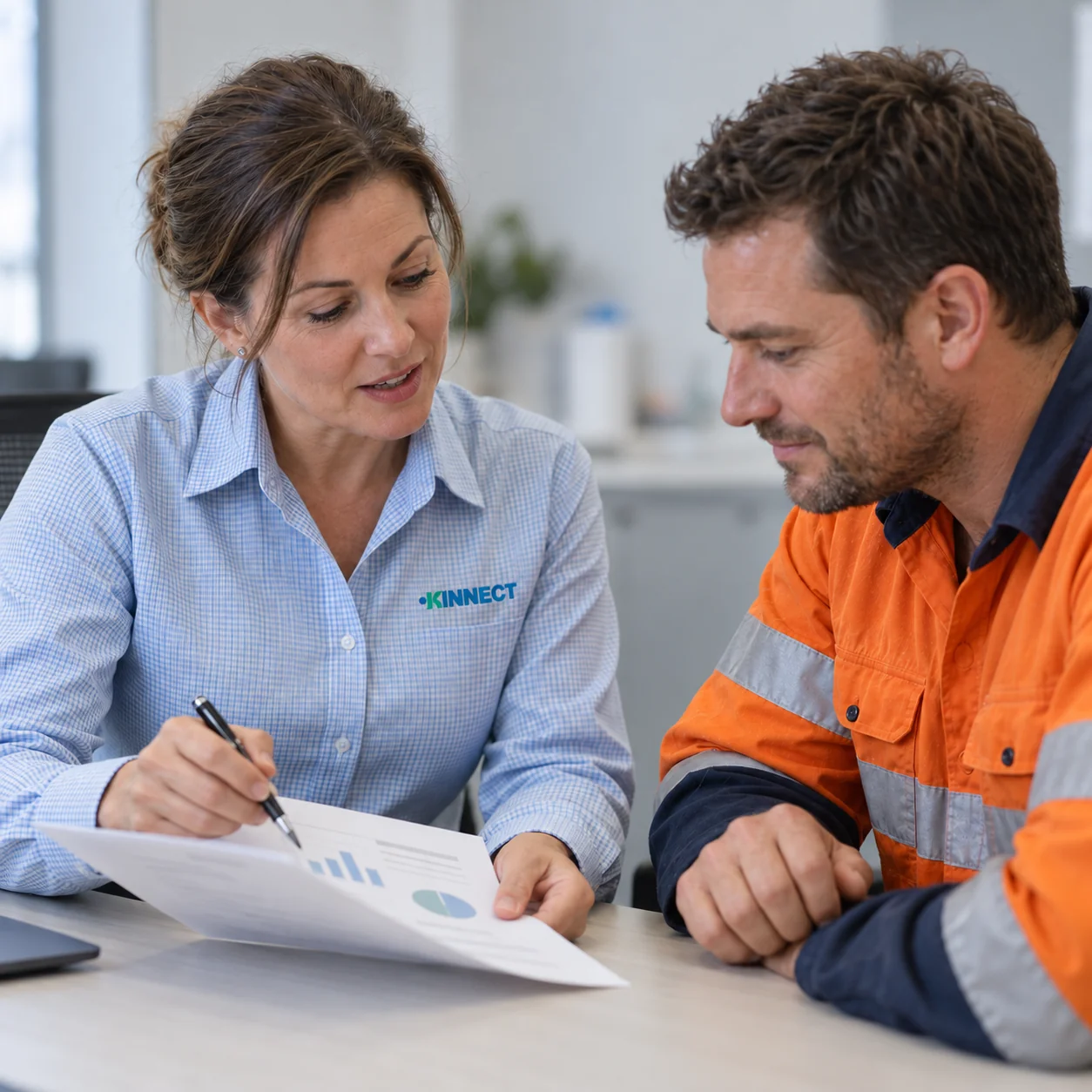 A KINNECT representative reviewing documents with a worker wearing high-visibility clothing