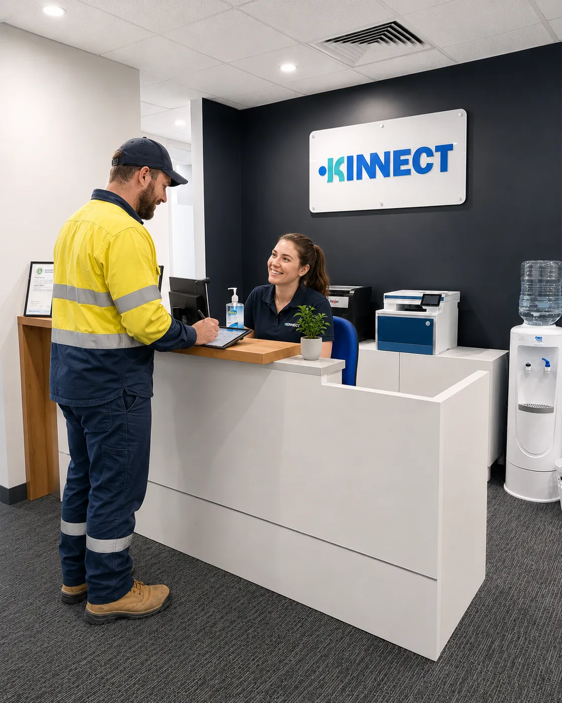 A worker completing pre-assessment paperwork on a tablet with a KINNECT team member at reception