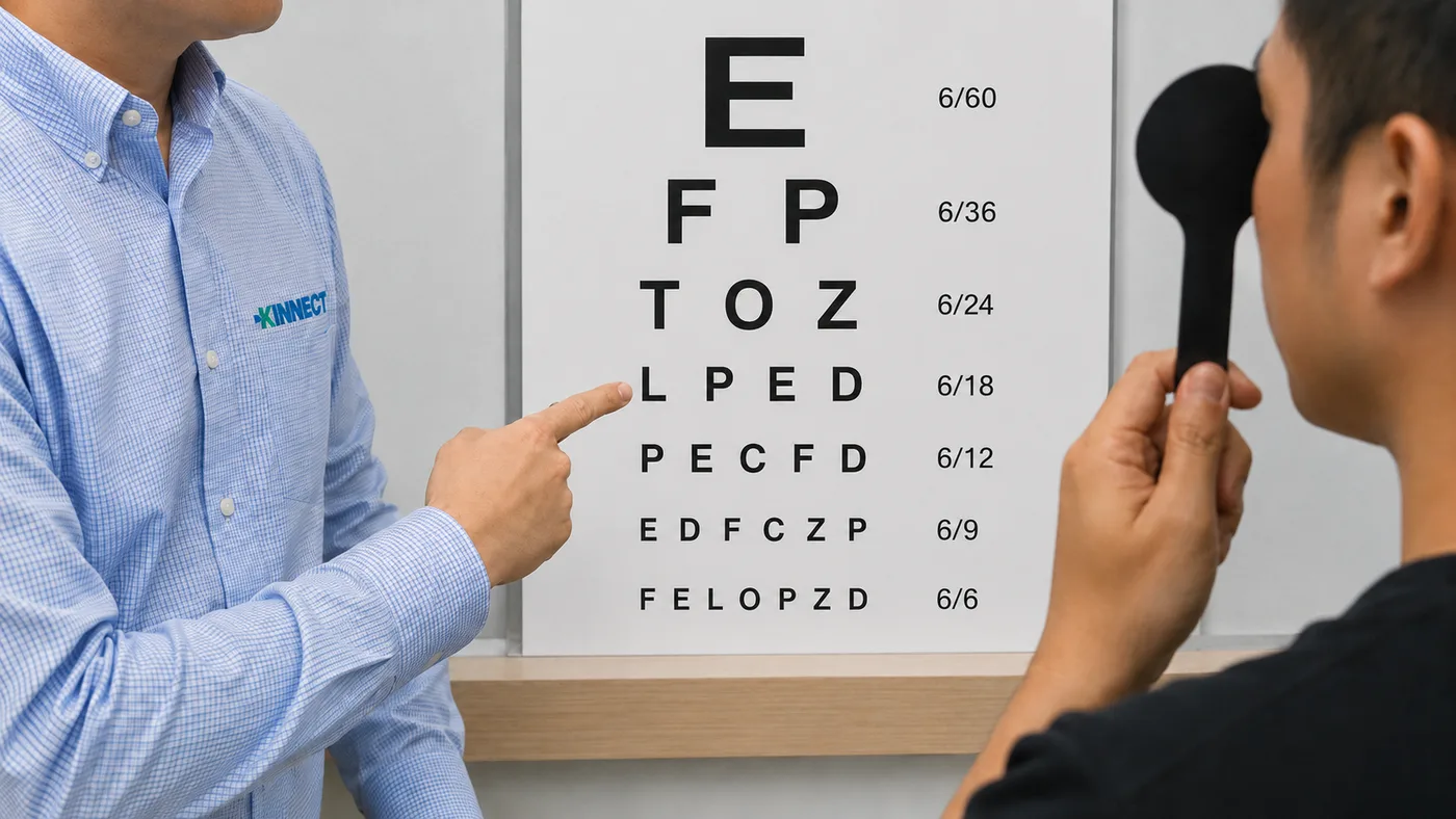 A KINNECT clinician conducting a worker’s vision assessment using an eye chart