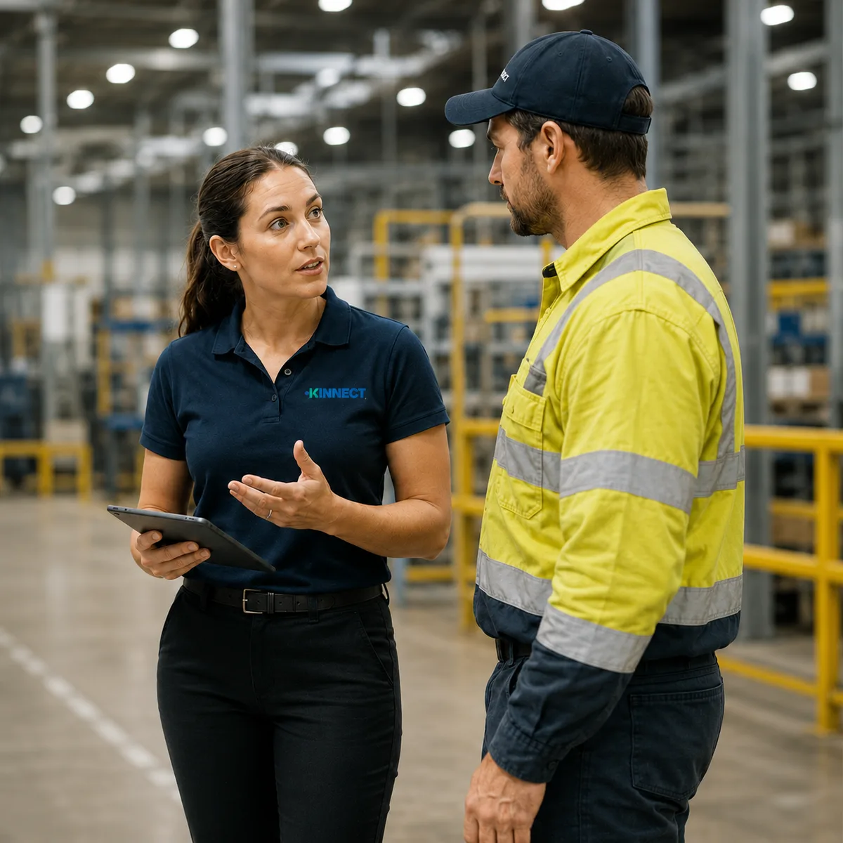 A KINNECT injury prevention consultant speaking with a worker on a manufacturing floor