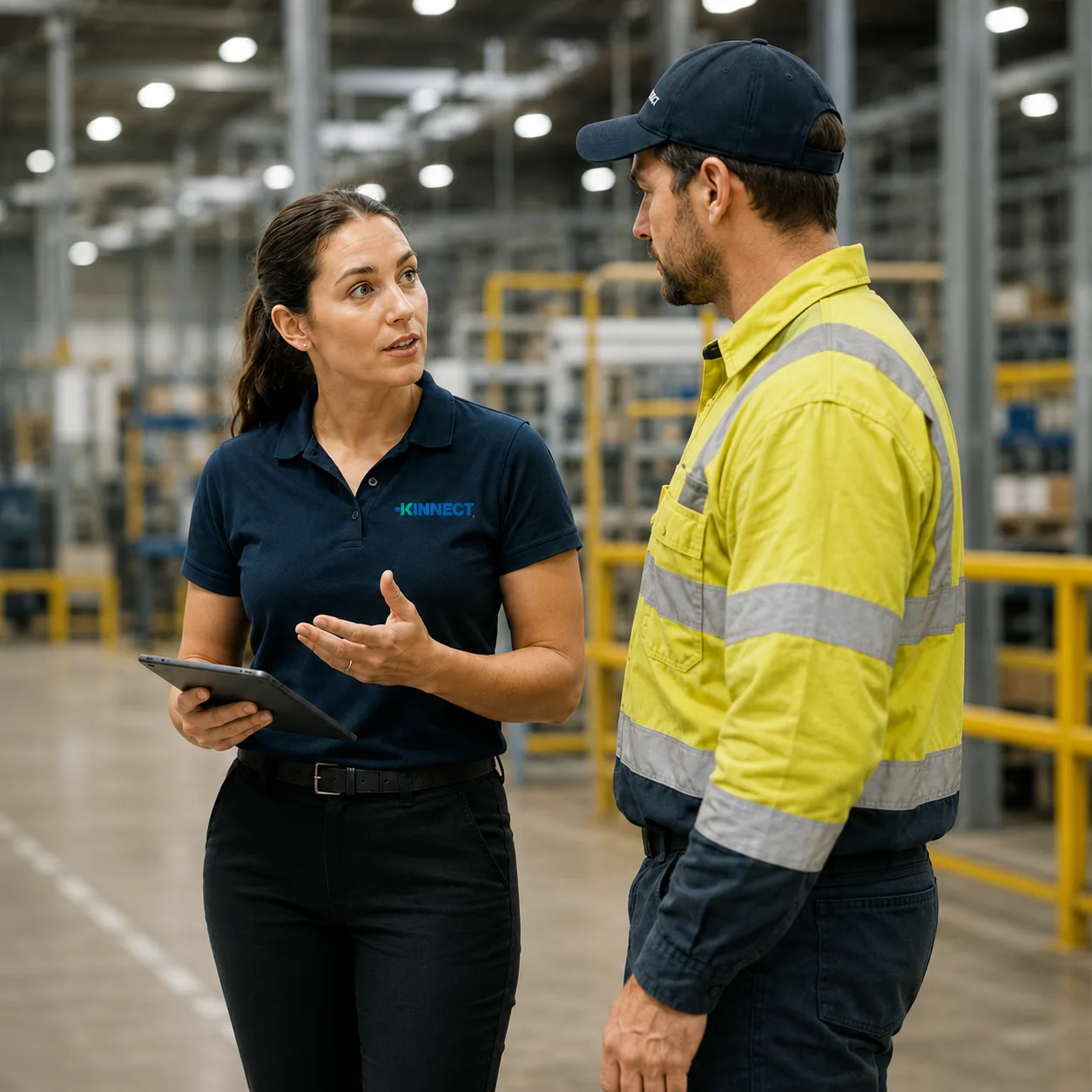KINNECT consultant discussing a workplace plan with a worker