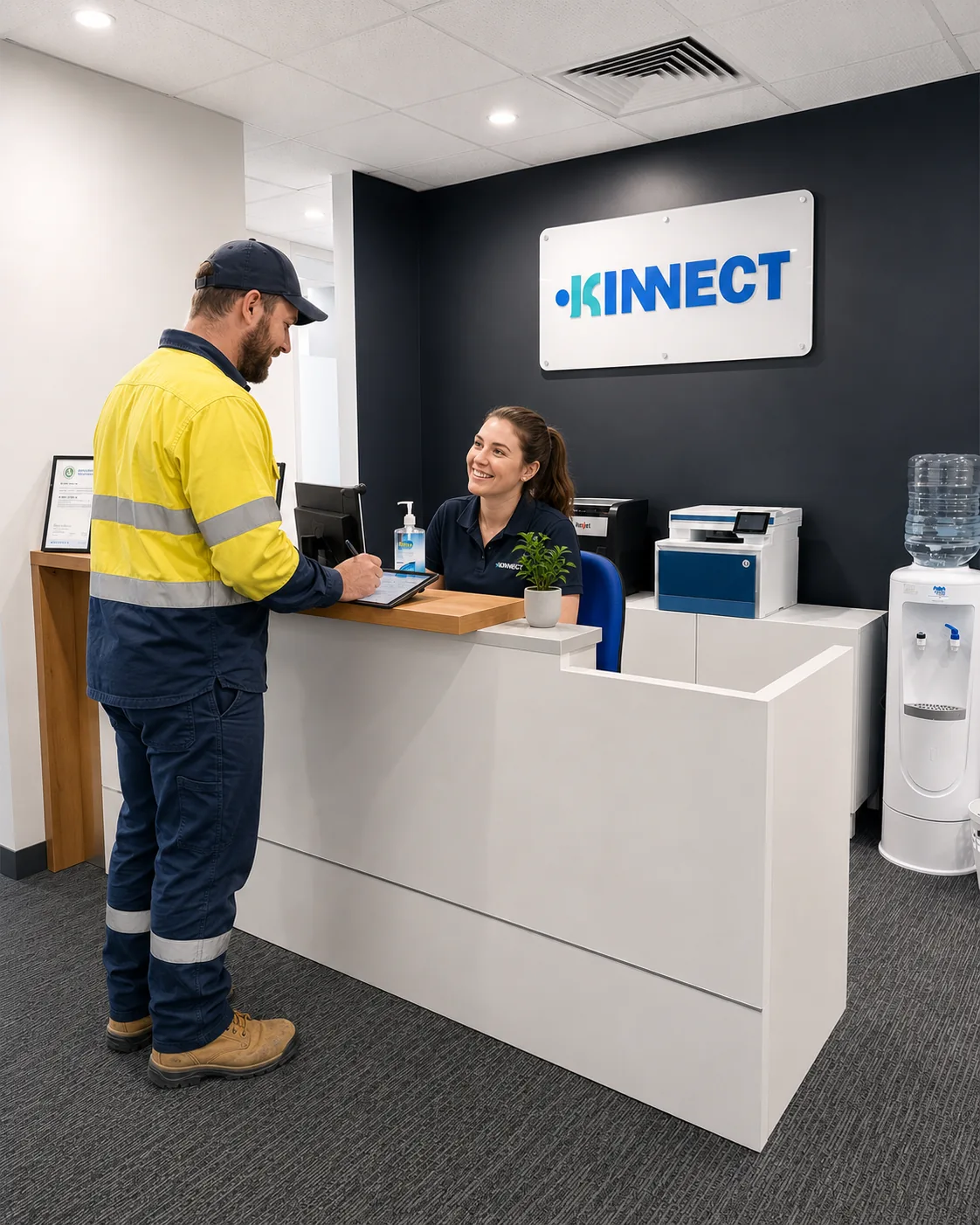A worker completing pre-assessment paperwork on a tablet with a KINNECT team member at clinic reception