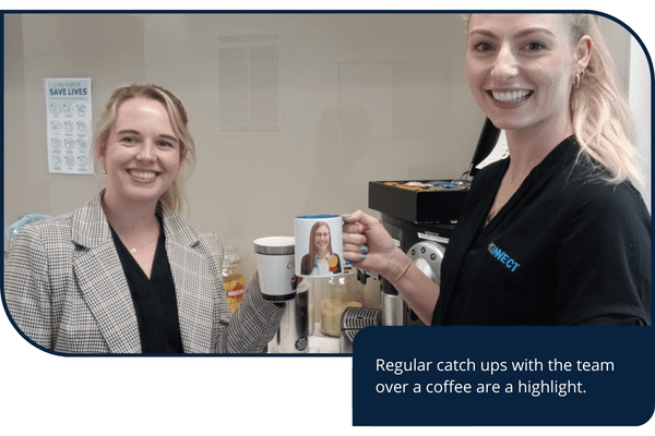Cailin catches up with a team member for a coffee in the Perth kitchen.