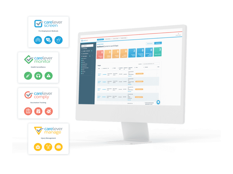 Carelever platform screenshot and module logos - helping organisation's manage occupational health services