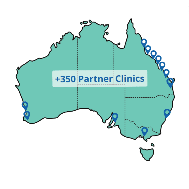 Map of Australia with KINNECT locations and number of affilliate locations.