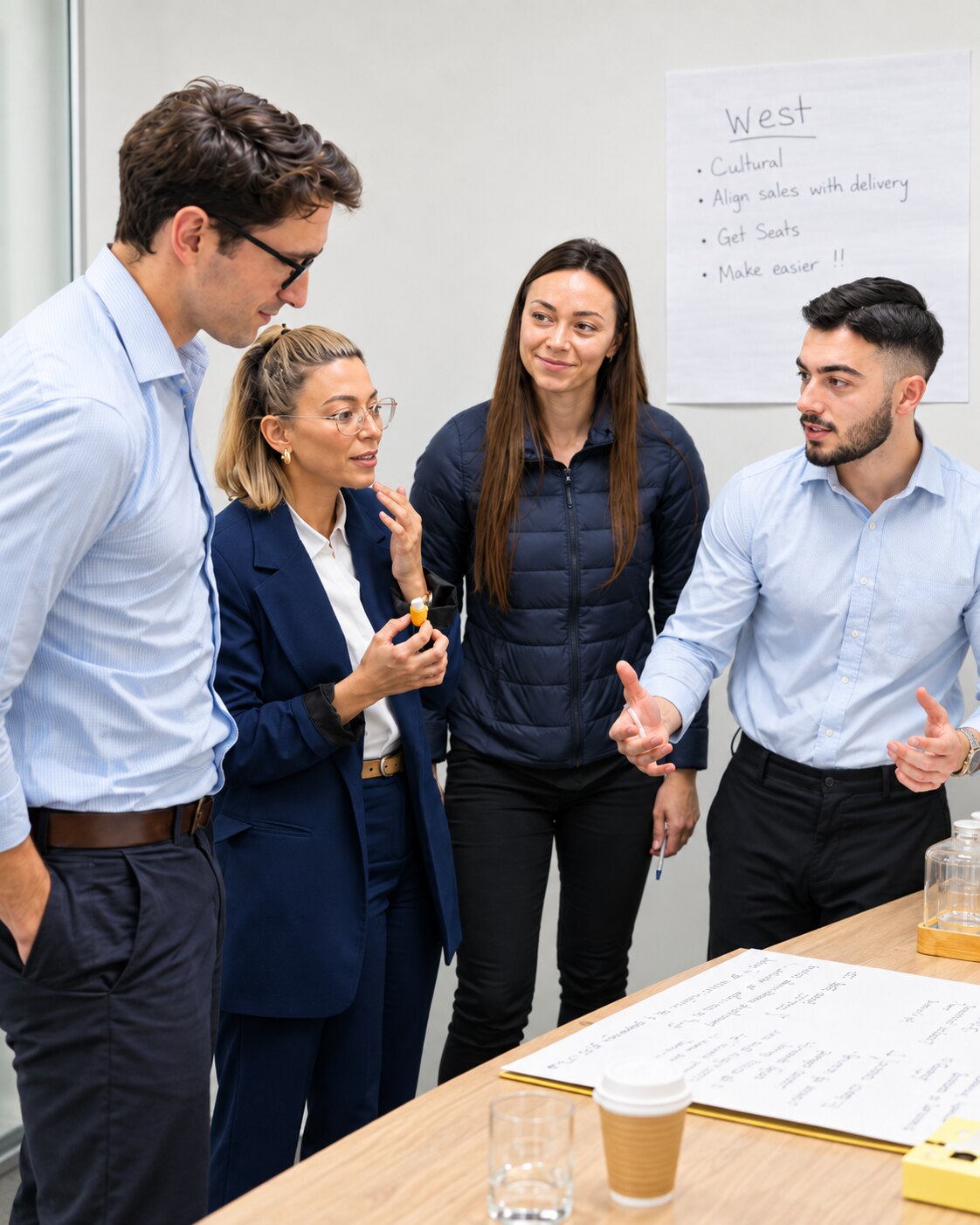 Four colleagues discussing plans together around a table in a workplace meeting